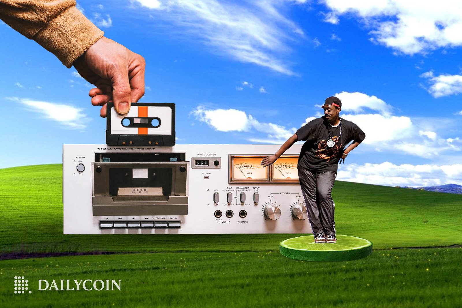 A music fan is standing on a LimeWire circle in a green Windows desktop wallpaper as a large hand is putting a cassette in a retro tape player.