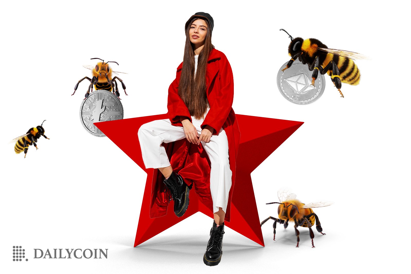 Woman standing on a Macy's logo with bees and bumblebees flying around, carrying Litecoin and Ethereum coins.