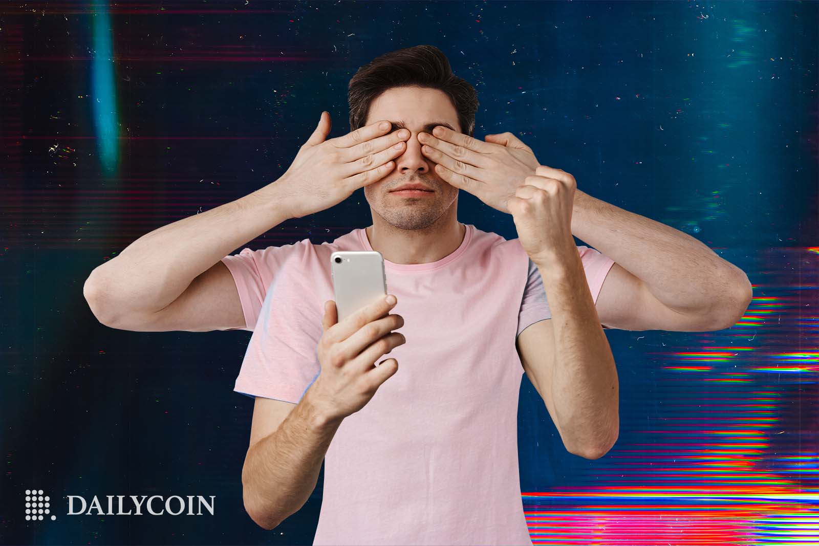 A man with four arms covering his eyes while holding a phone.