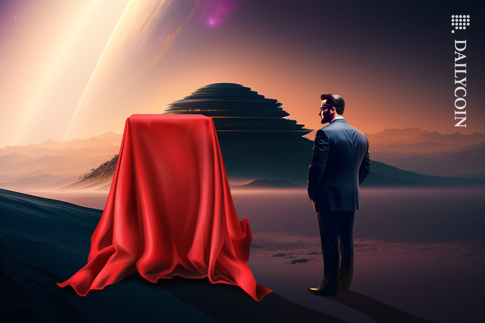 A man staring at a myterious object covered with a red cloth