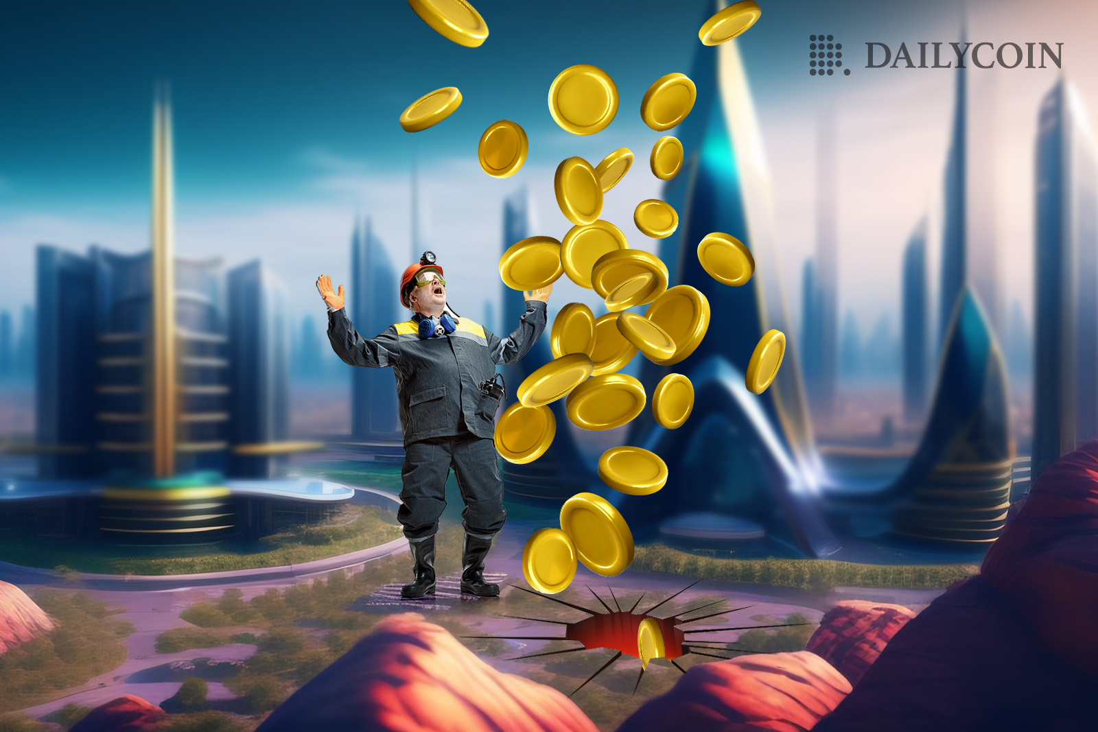 Miner excited about finding a gazer full of crypto coins outside the city.