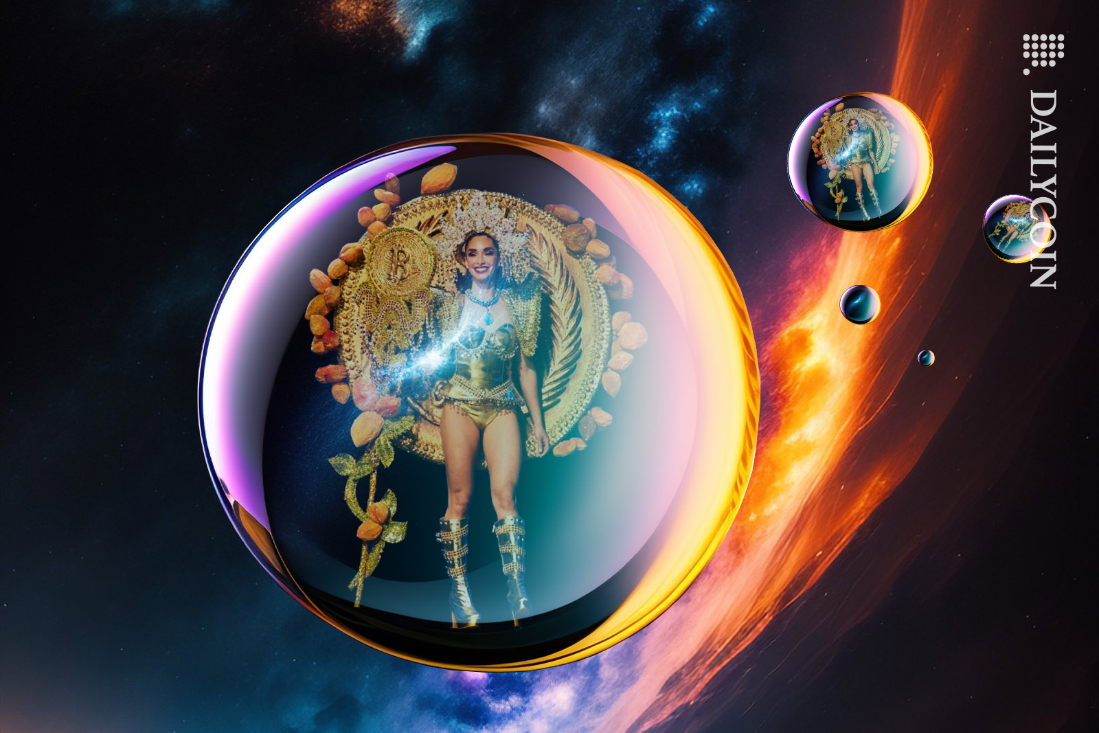 Miss El Salvador wearing a golden Bitcoin outfit trapped in a bubble floating in outer space.