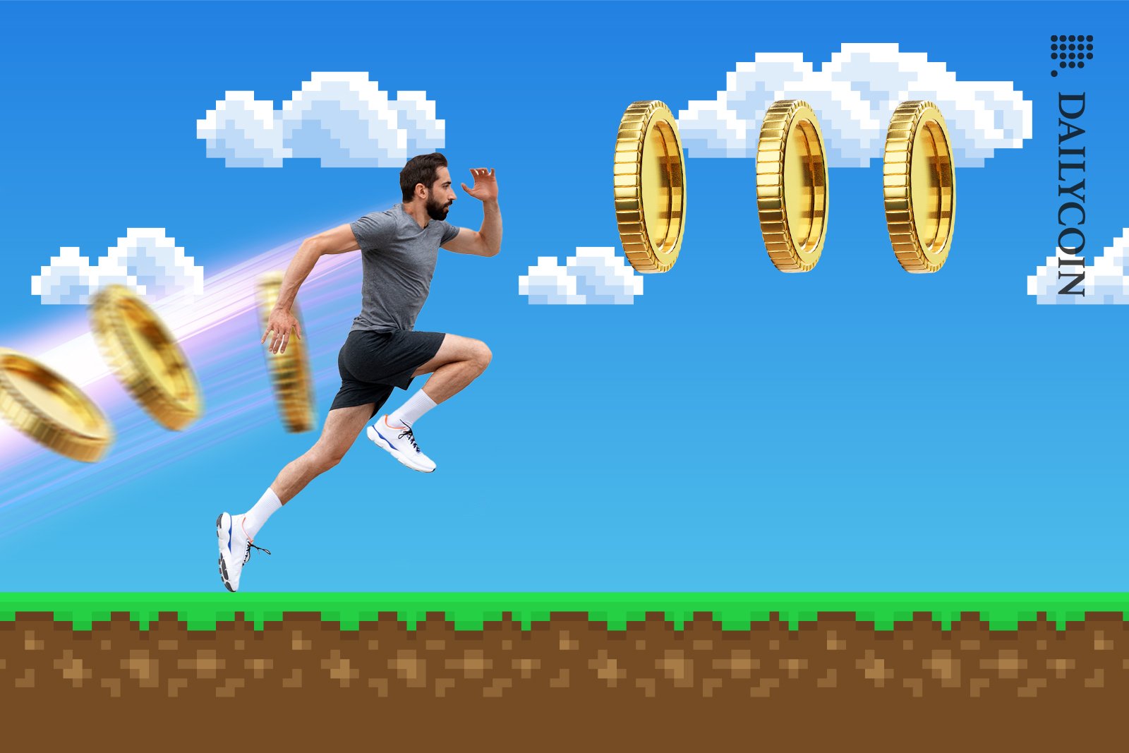 A man running inside a Mario game to collect gold crypto coins.