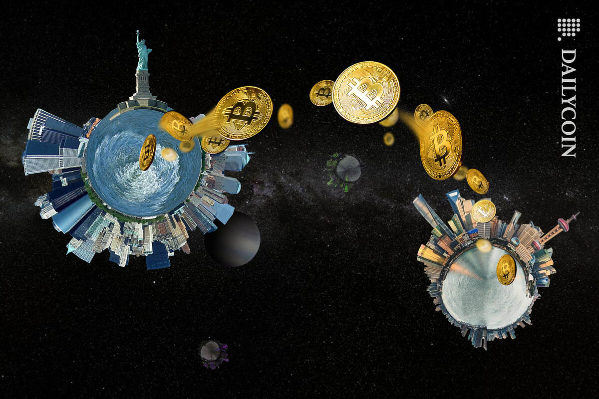 Two planet shaped New York and Shanghai cities are exchanging Bitcoins in outer space.
