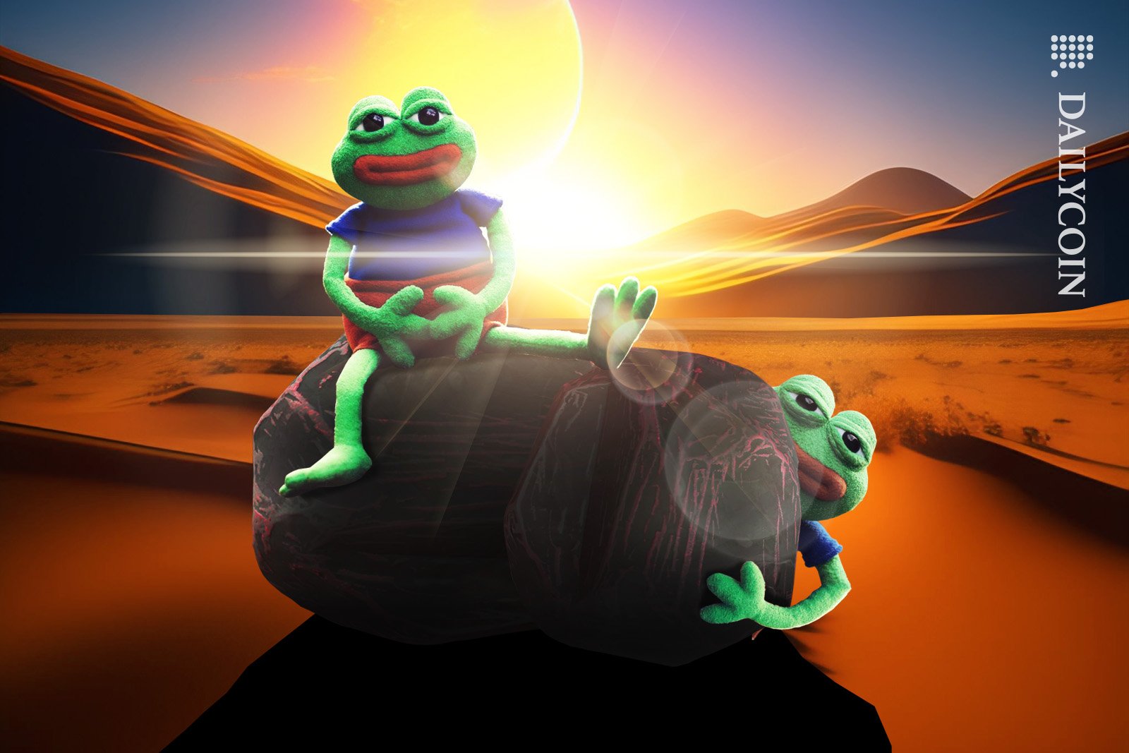 Suspiciously looking Pepe frog puppets are hiding behind a rock in the dessert.