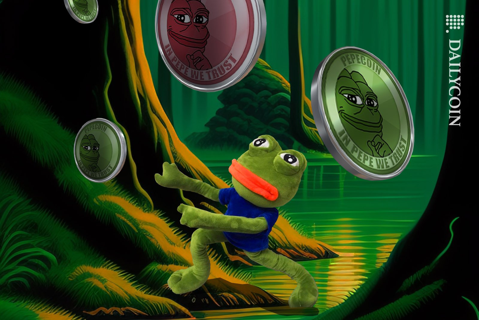 Pepe the Frog sad in a swamp, as Pepe tokens are floating around him.