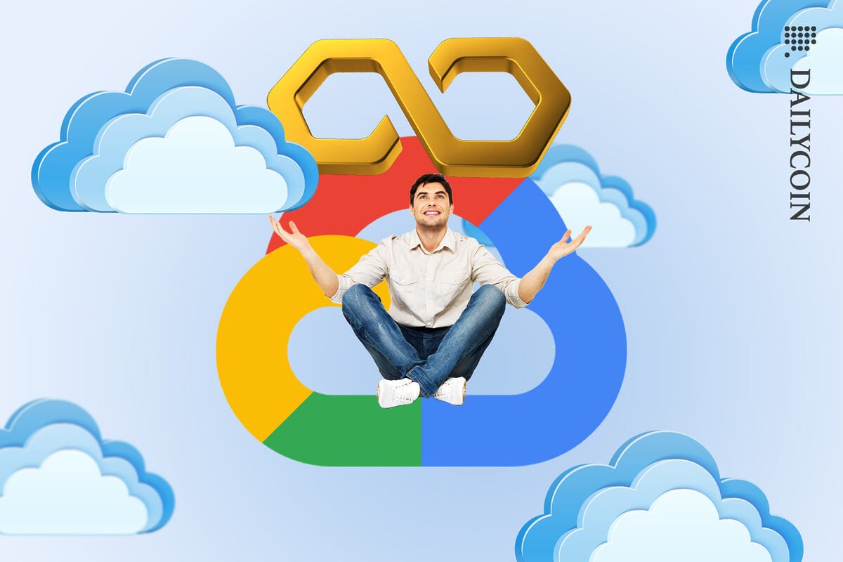 Man surrounded by 3D illustrated clouds is sitting on Google Cloud logo, smiling with his arms wide open and holding a gold Polygon logo above himself.