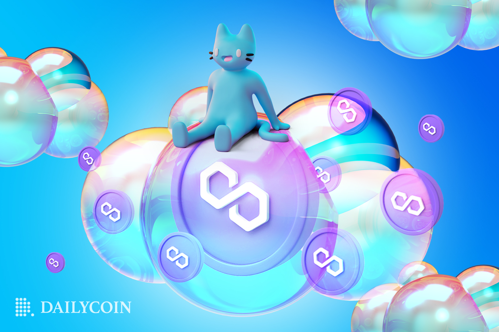 An NFT cat sitting on top of a soap bubble with floating Polygon MATIC tokens inside.