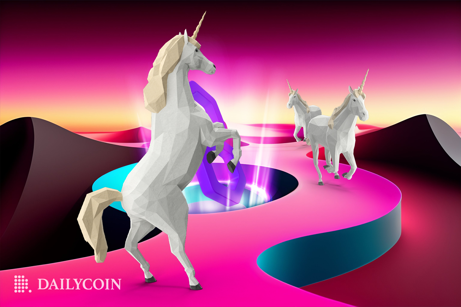 White unicorns running on a futuristic pink road in an abstract world.