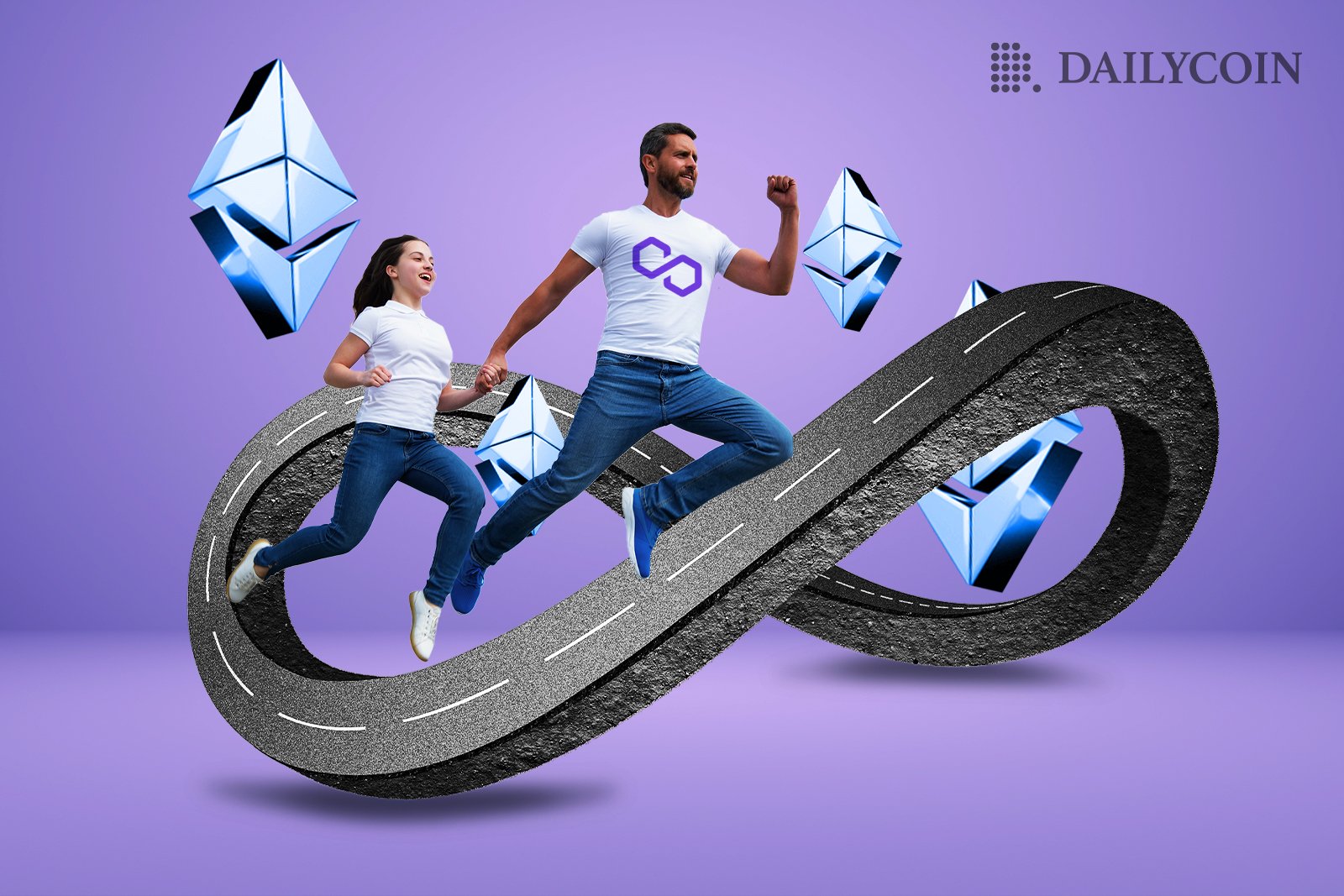 A woman together with a man wearing Polygon t-shirt running on an infinity shaped road below floating light blue Ethereum signs.
