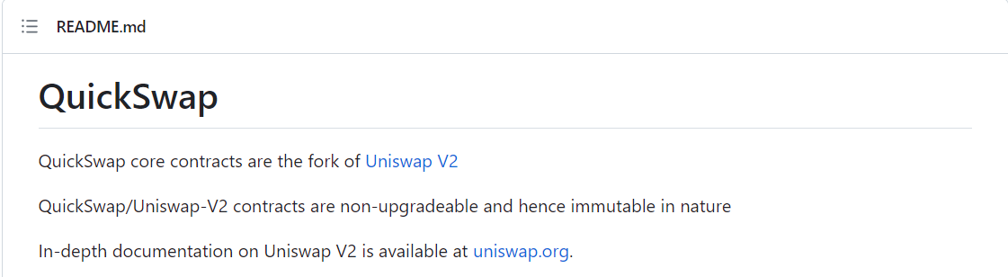 Screenshot from Quickswap source saying it was forked from Uniswap
