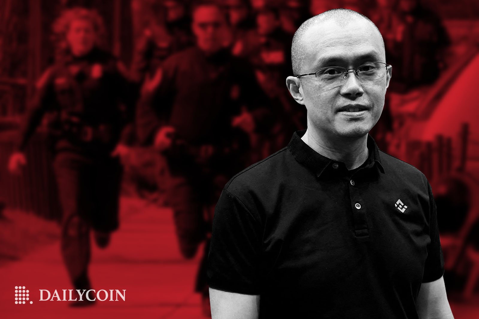 Changpeng "CZ" Zhao standing while cops are running in the background amidst Binance's and CZ's Red Notice Interpol FUD