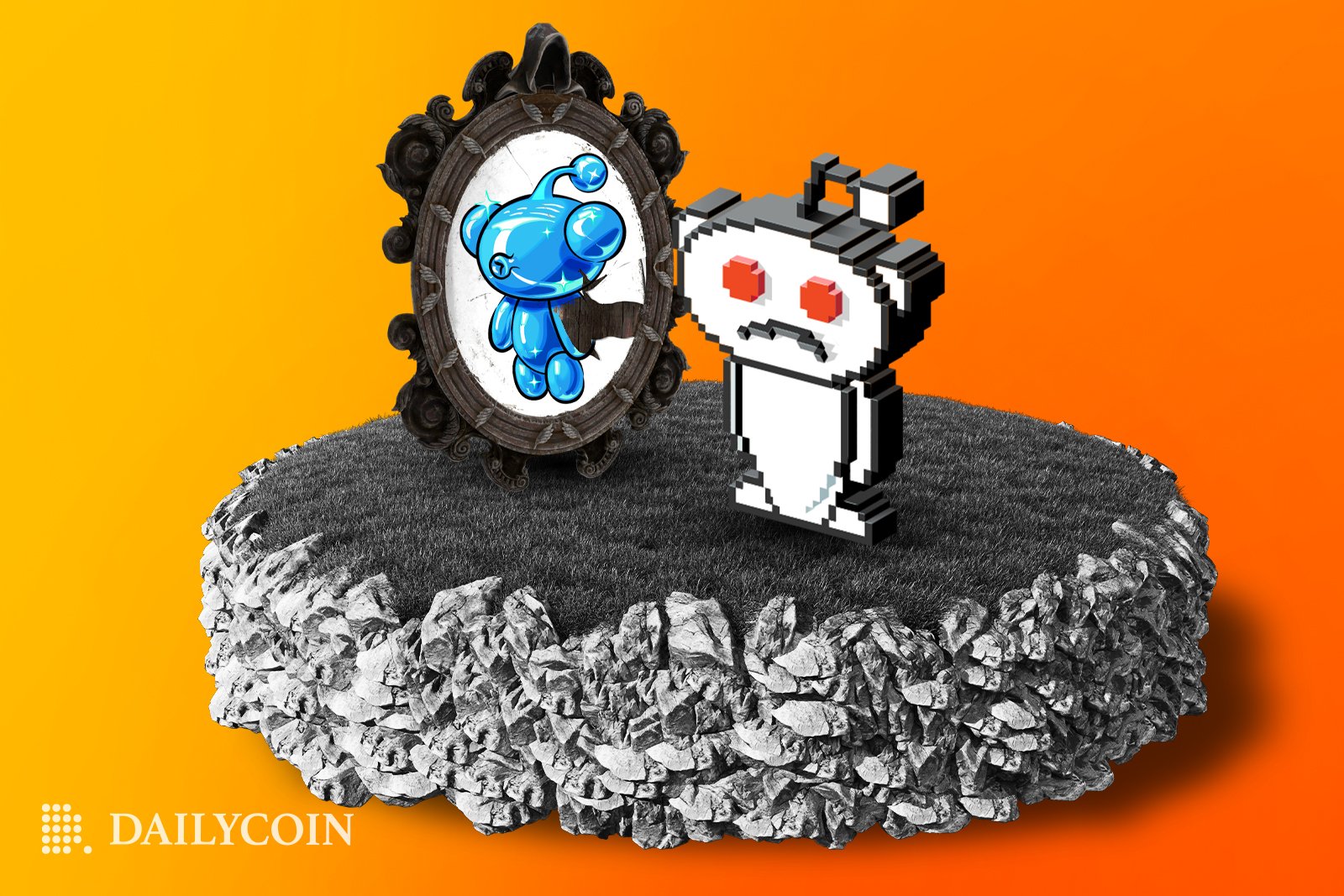 Reddit logo looking at a mirror with the collectible avatar NFT.