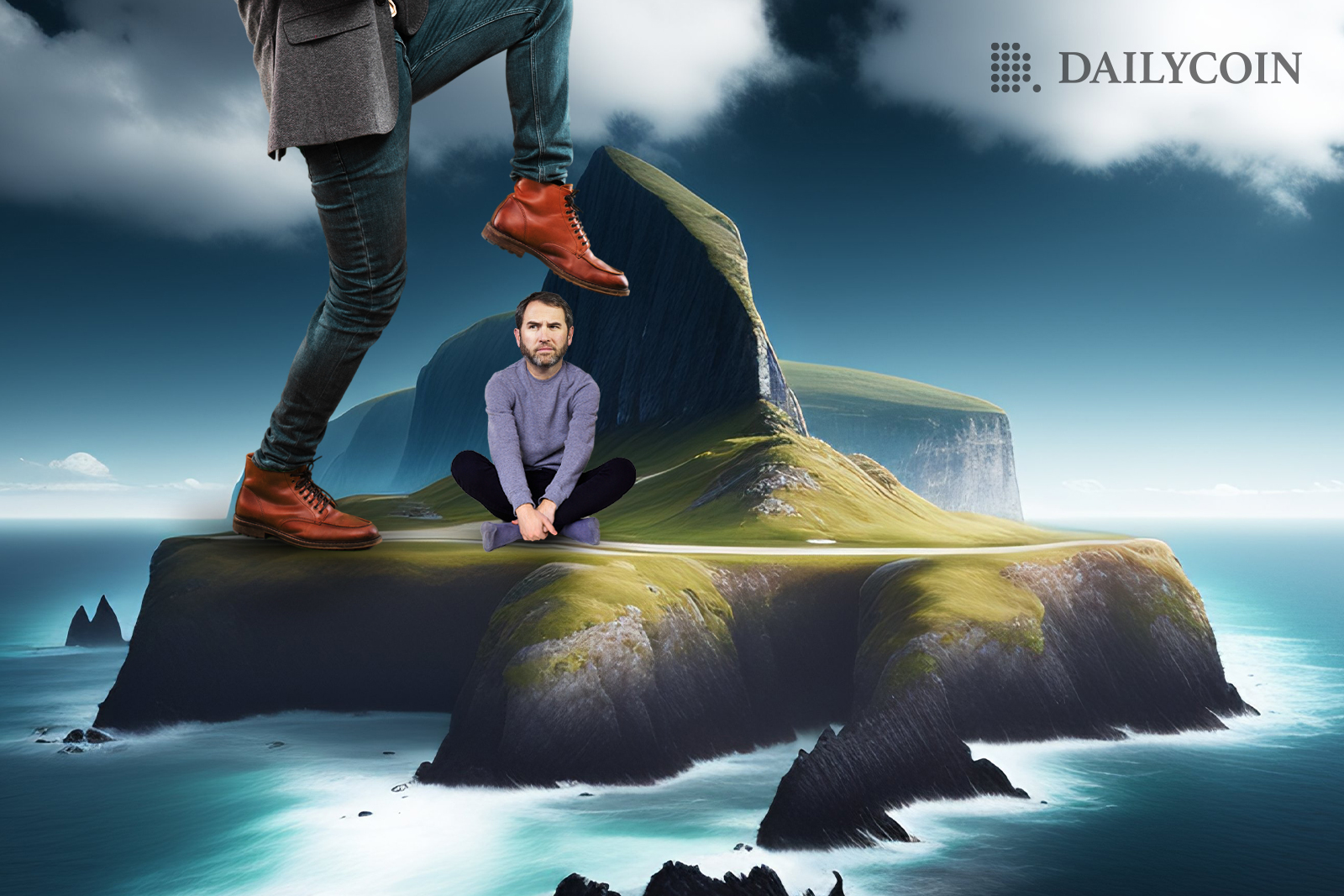 A huge man on a hill wearing brown boots is stepping on a sitting Brad Garlinghouse.