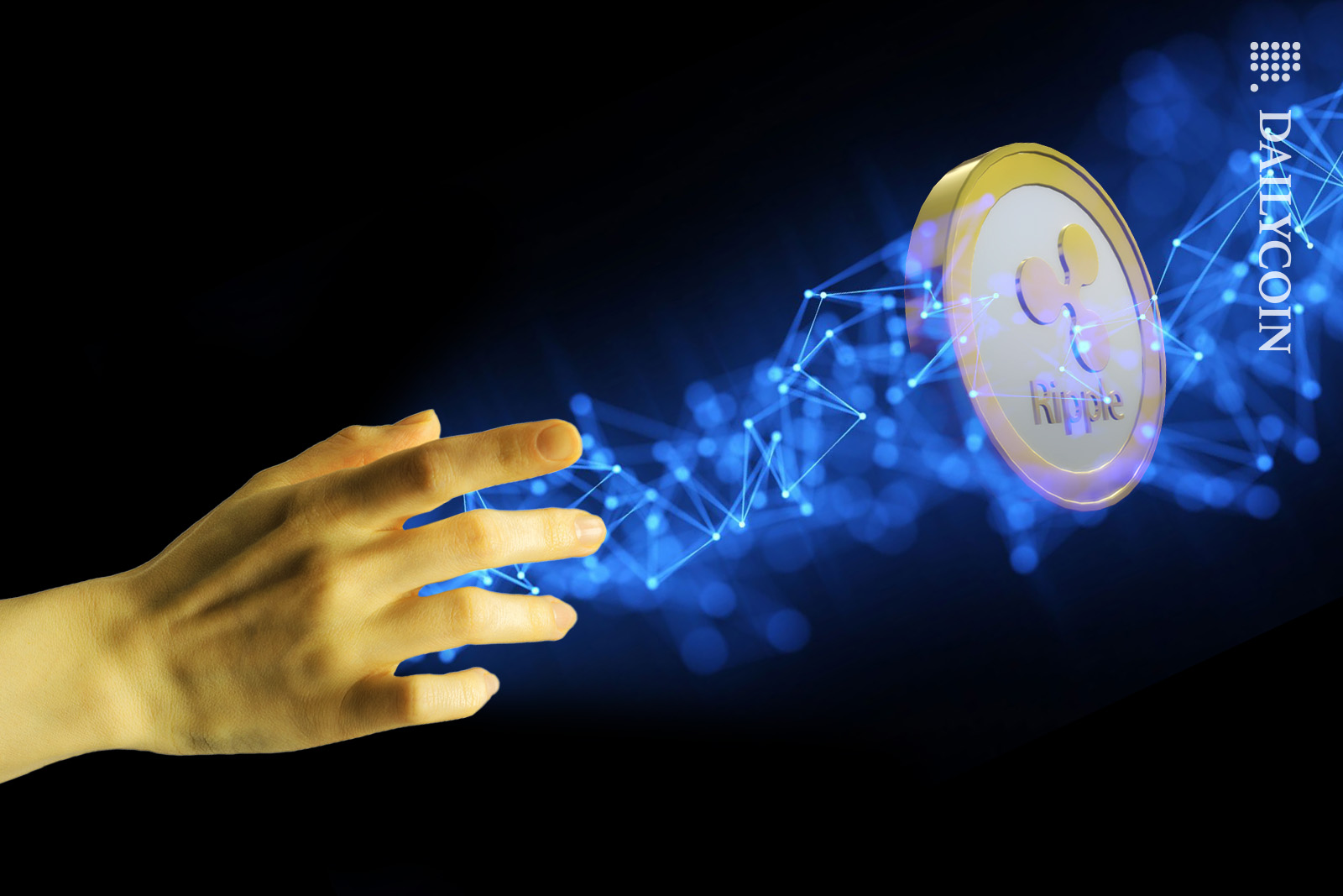 A human hand touching Ripple XRP coin with magical blockchain powers.