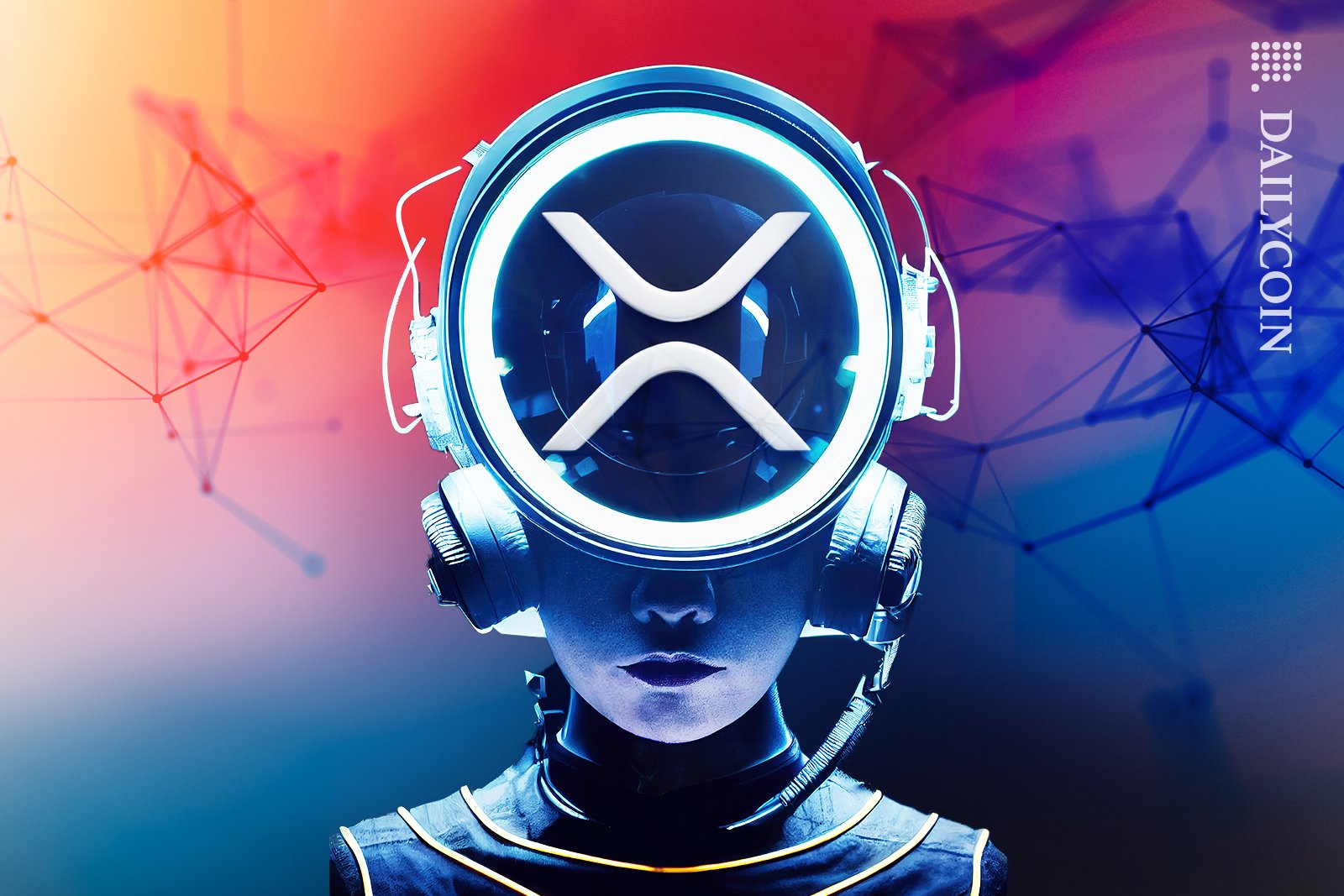 Woman facing forward with glass bubble head XRP token logo and blockchain background in gradient colours.