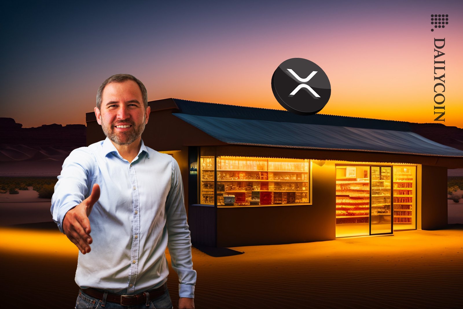 Brad Garlinghouse offering a deal in front of a small house with a small XRP logo on top of it.