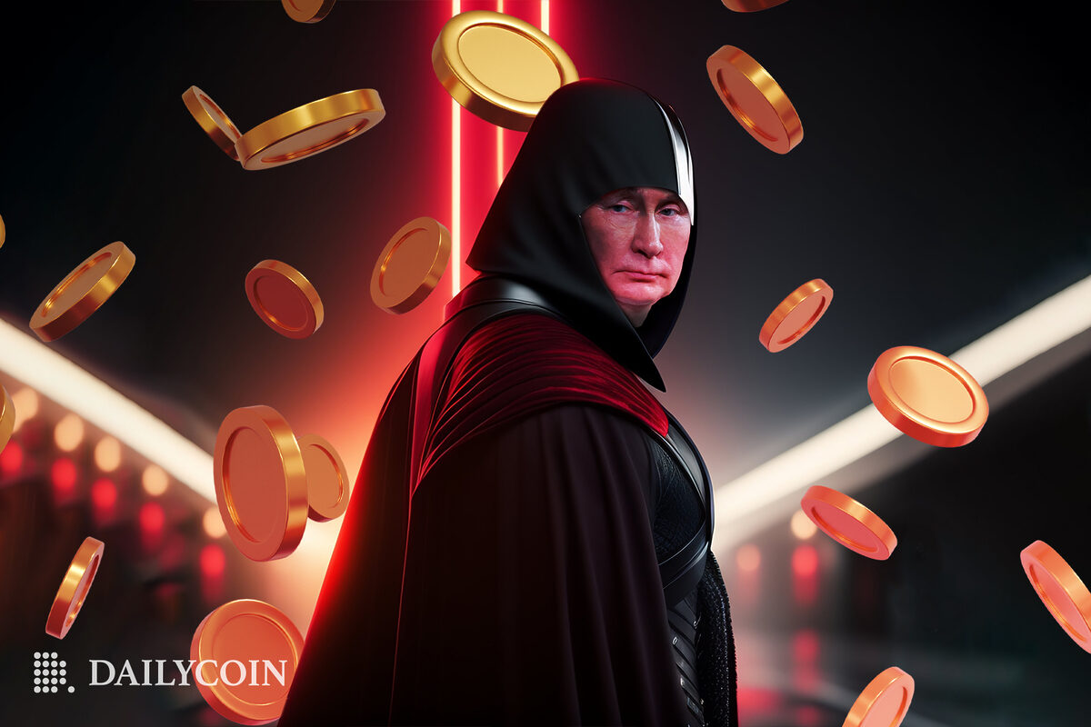 Vladimir Putin wearing dark hoodie surrounded by falling crypto coins and red lasers.