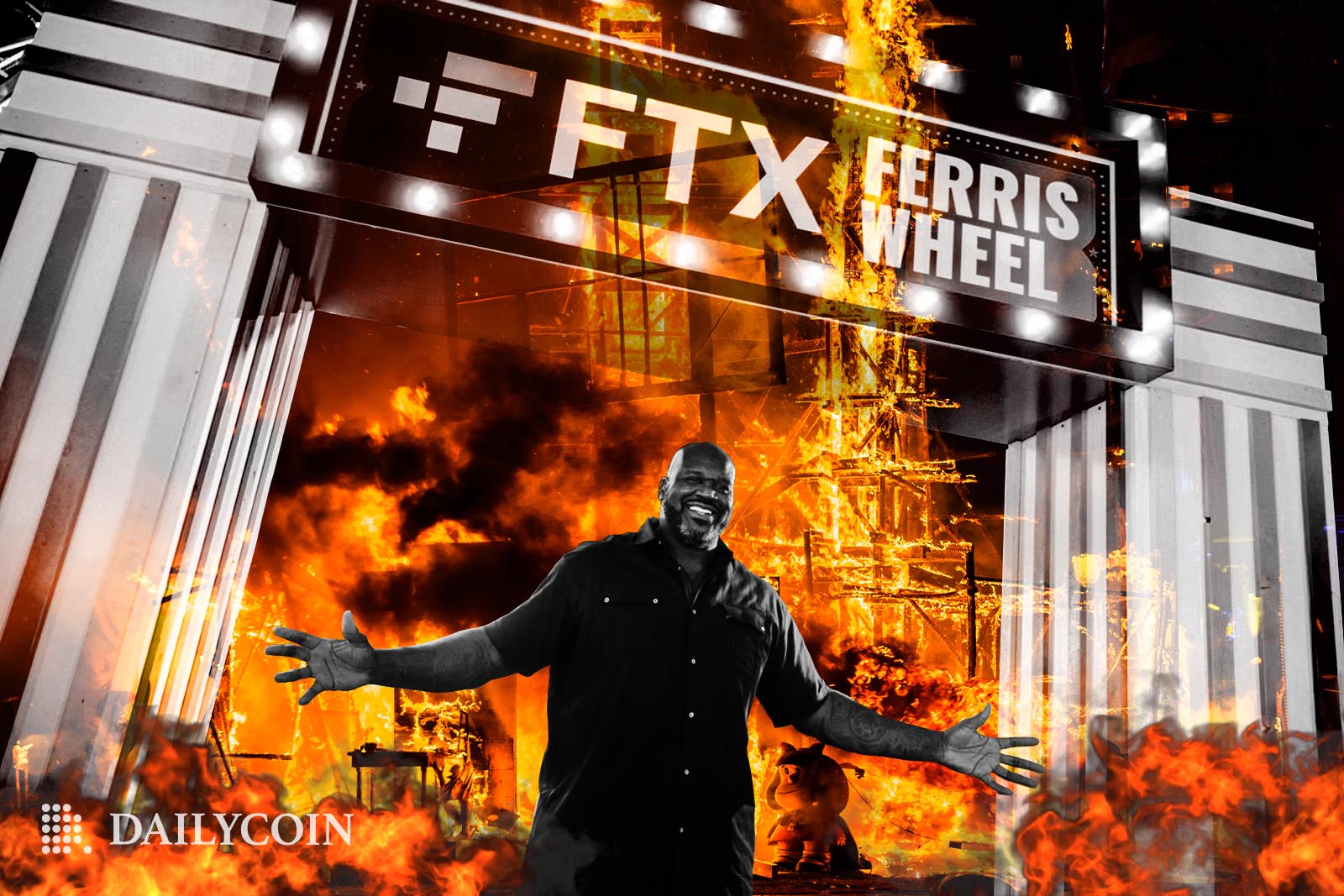 Shaquille O'Neal smiling in front of a burning FTX exchange.