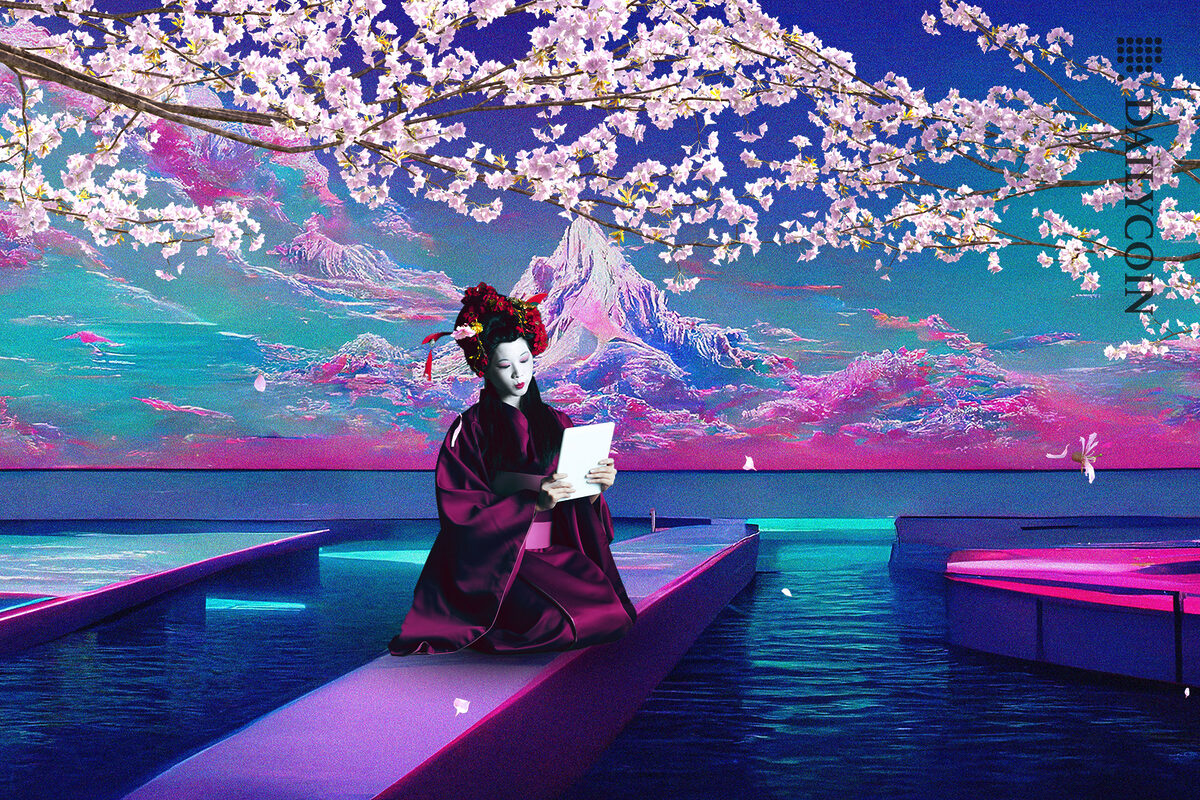 japanese geisha sitting by the water in the lanscape of japanese mountains reading tablet surprised and sakura tree petals falling around her