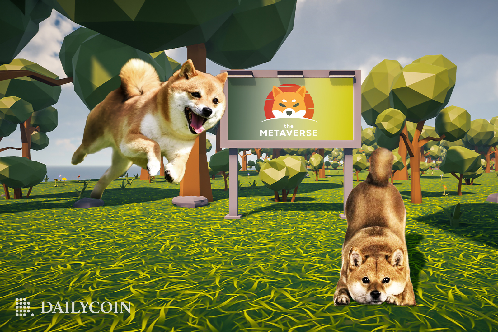 Two happy Shiba Inu dogs are running around in a green field with pixelated trees and a large banner of SHIB.