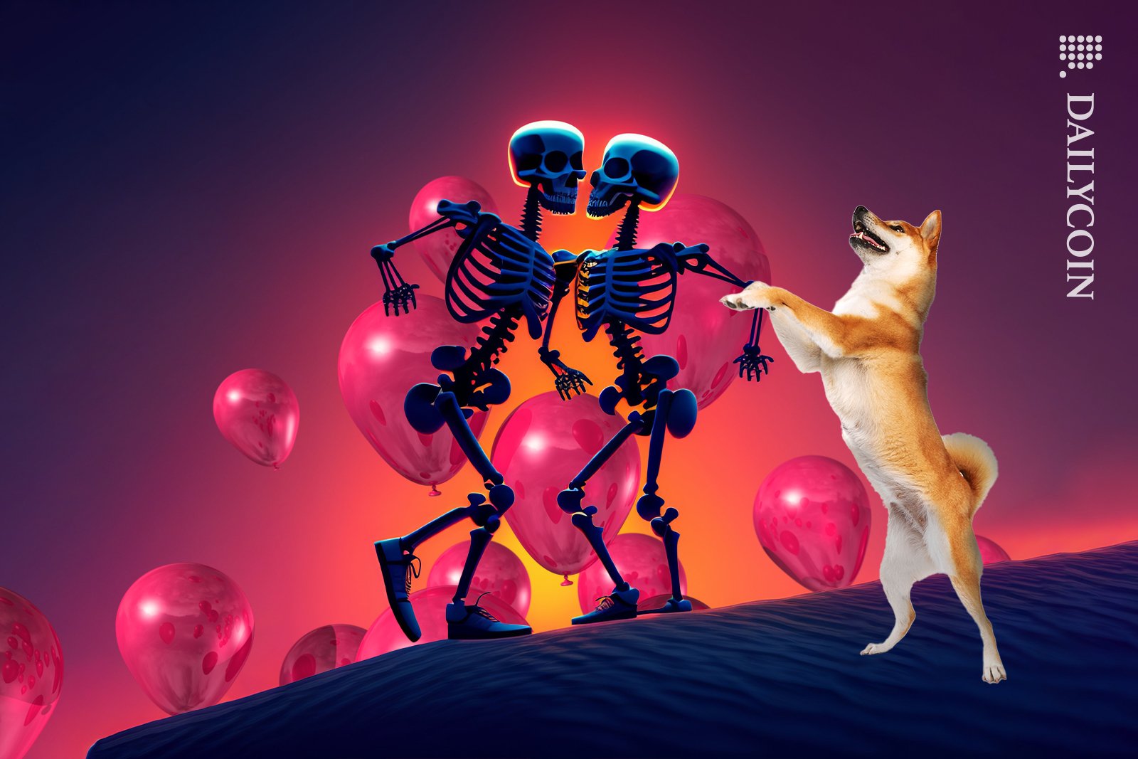 Dancing skeletons in sunset with pink balloons and Shiba Inu dancing beside celebrating.