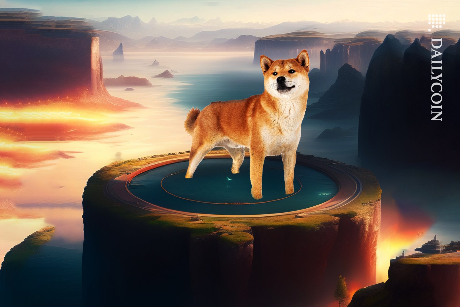 Shiba Inu dog proudly standing on a coin in the mountains in SHIB: The Metaverse