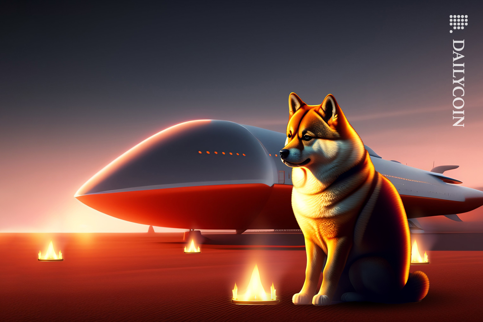 sitting sad shiba inu dog, with a tealight scattered on landscape with a massive whale airplane