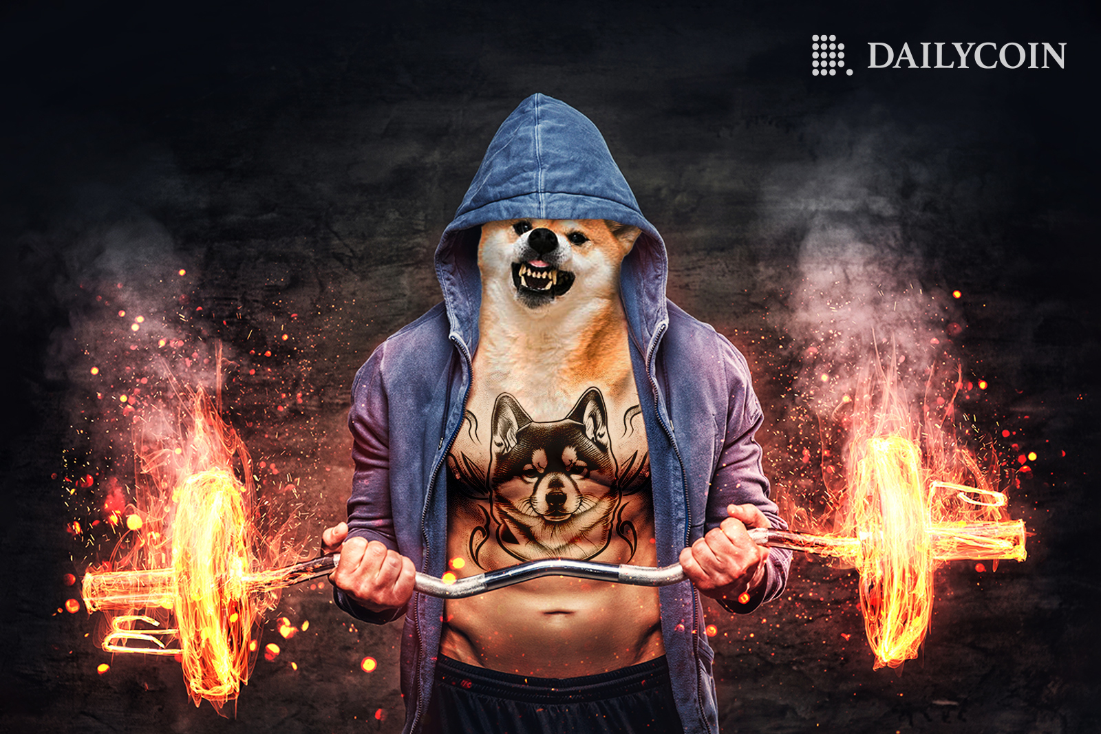 A man with a shiba Inu face and a wolf tattoo wearing blue hoodie is lifting weights.