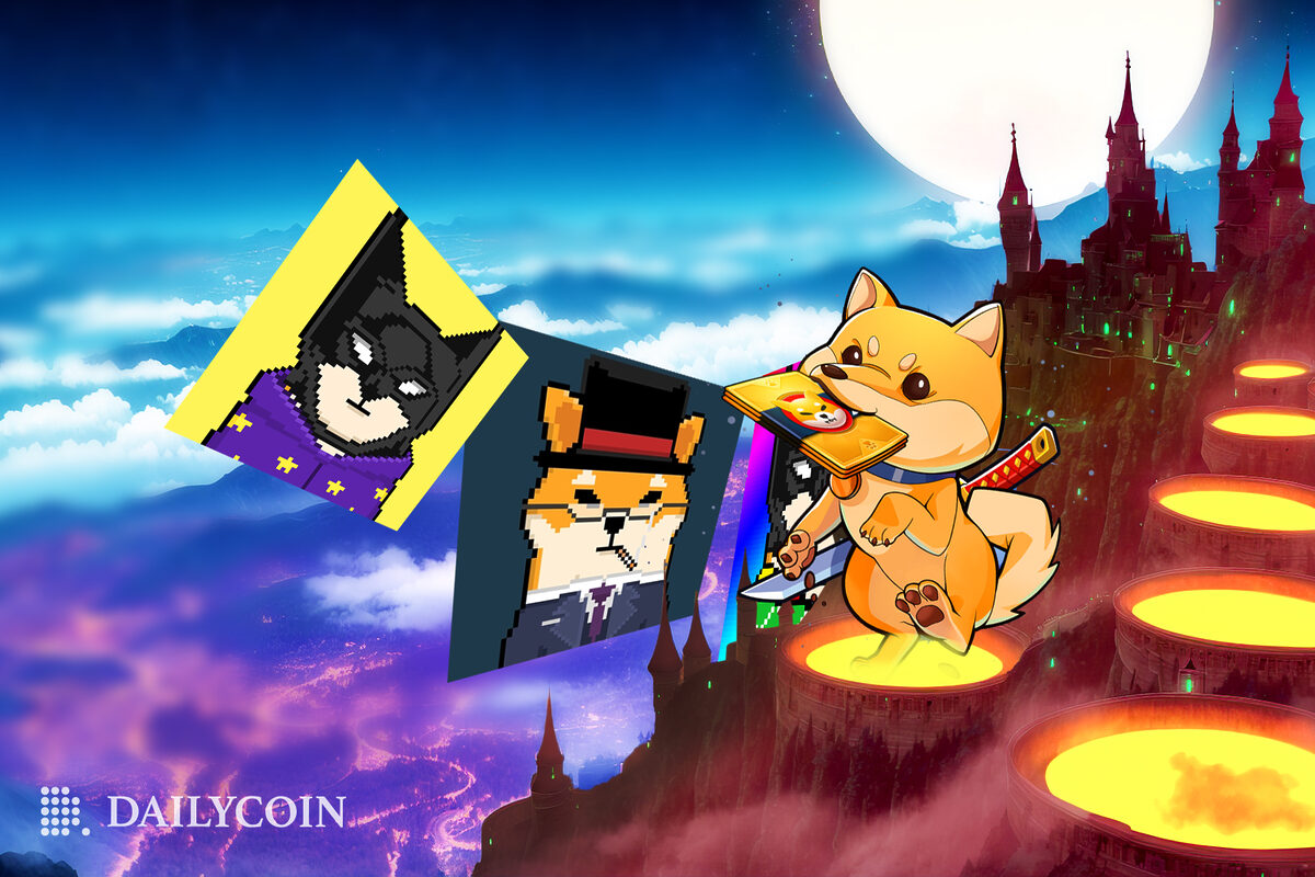 Cartoon shiba Inu holding onto NFTs while dancing in a magical pot next to a magical kingdom.