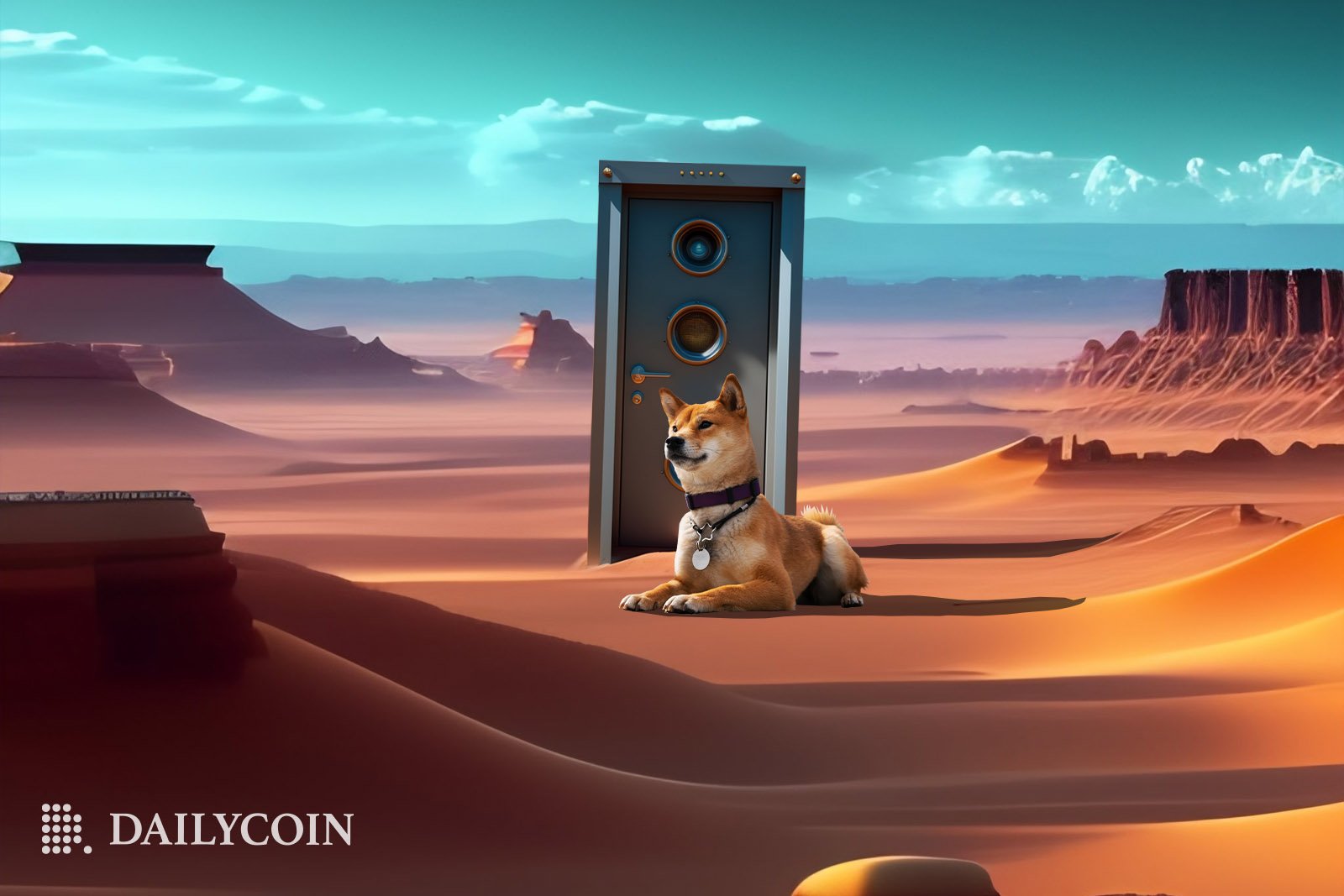 A proud Shiba Inu guard dog sitting in the desert in front of a door into the SHIB Metaverse.