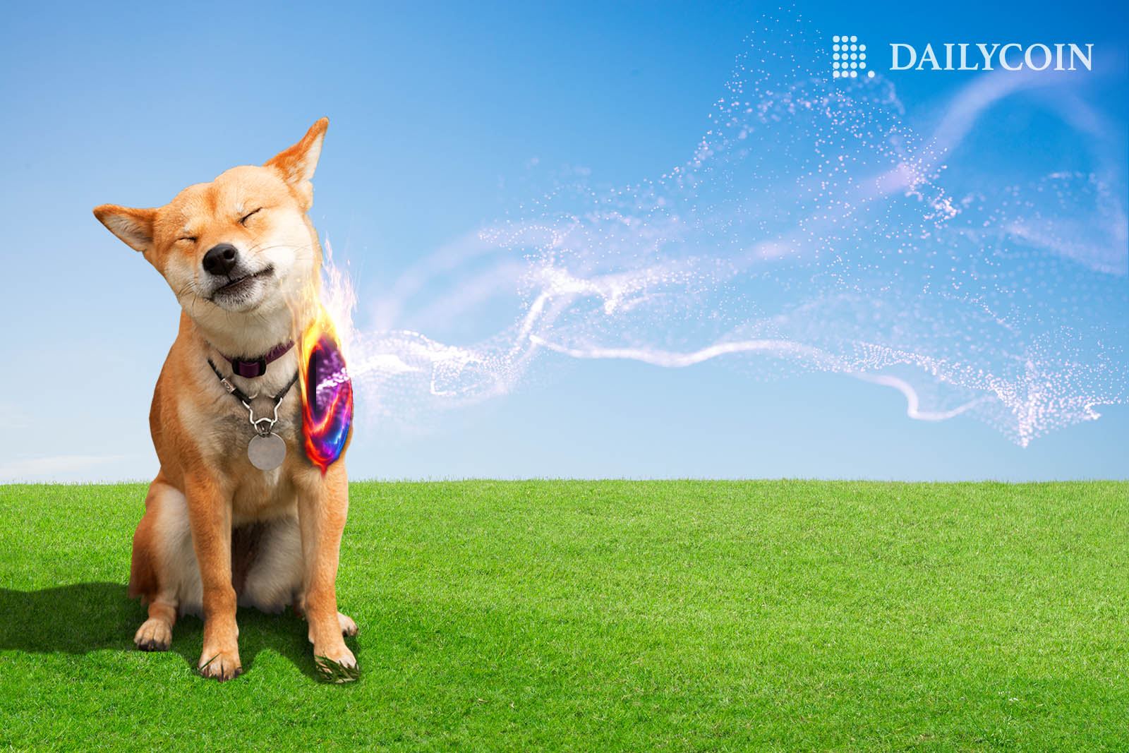 Shiba Inu dog squinting his eyes on a green field as particles are flying into the dog's body, heating things up for Shiba Inu.