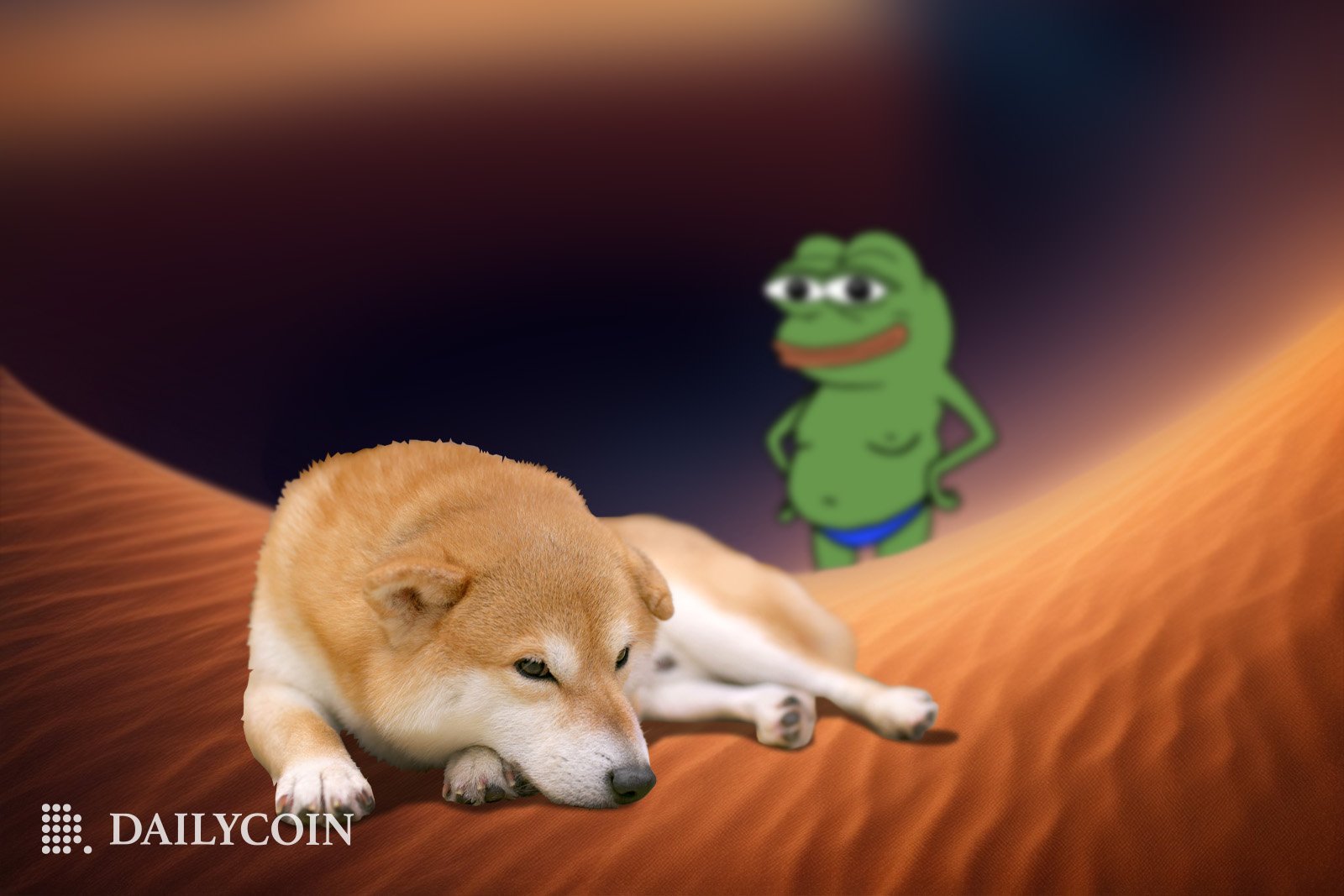 Tired Shiba Inu is resting in the desert as weirdly smiling half-naked Pepe The Frog approaches.