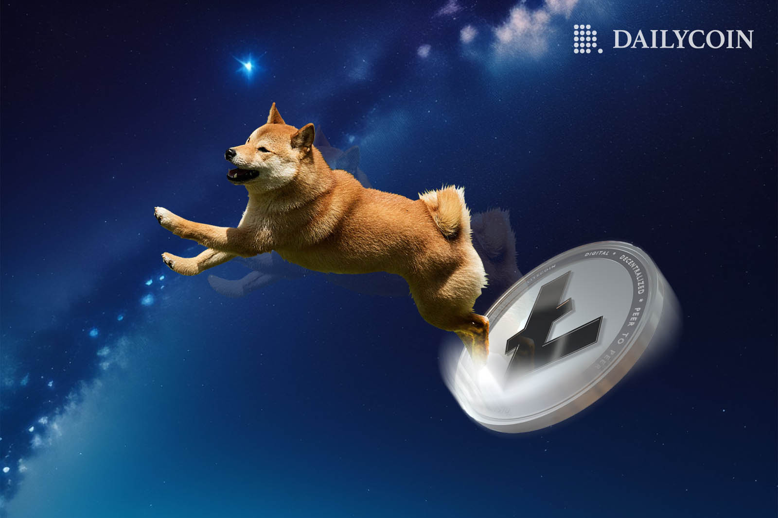 Shiba Inu dog jumping over a white black Litecoin in a dark blue background.