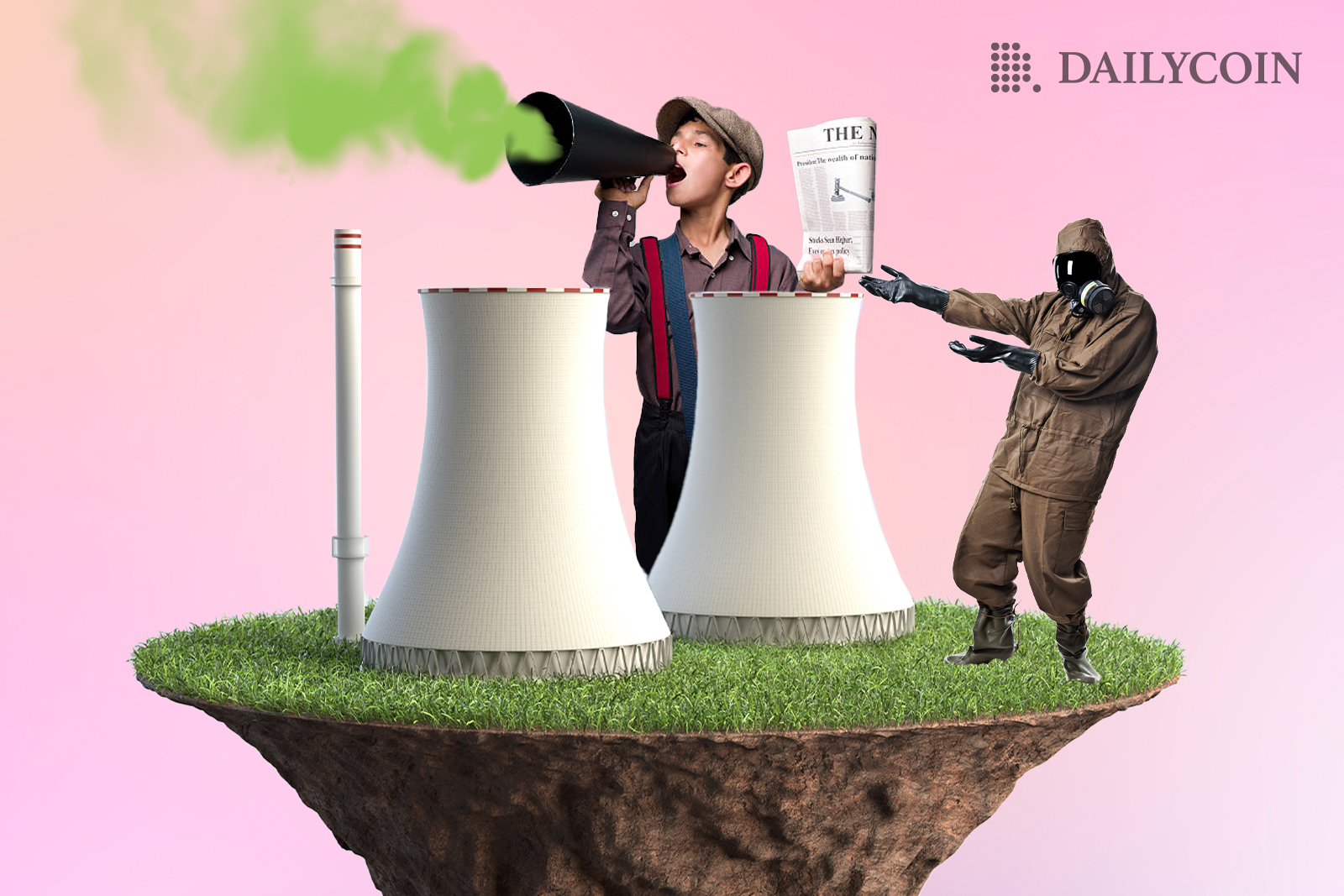 A tiny floating island with factory built on top and a man in a hazard suit in front of a child holding a megaphone with green smoke coming out of it.