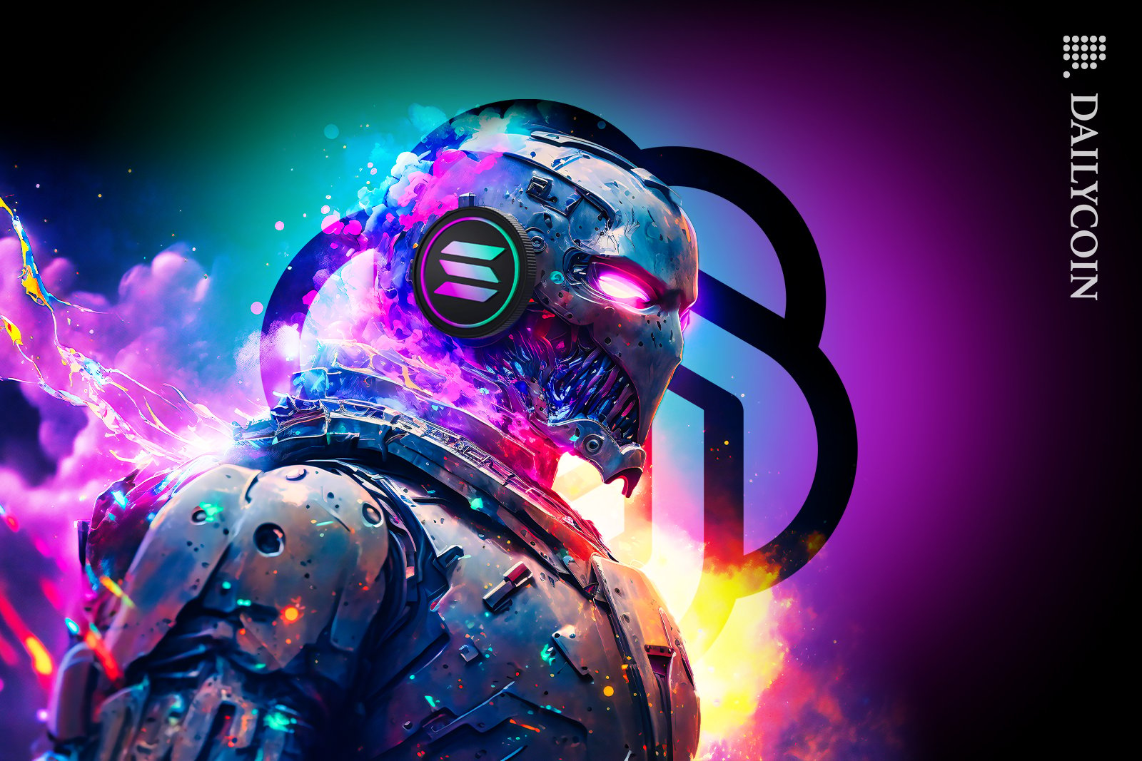 Robot facing sideways with neon smoke and glowy eyes and a Solana token ear with a ChatGBT logo behind him.