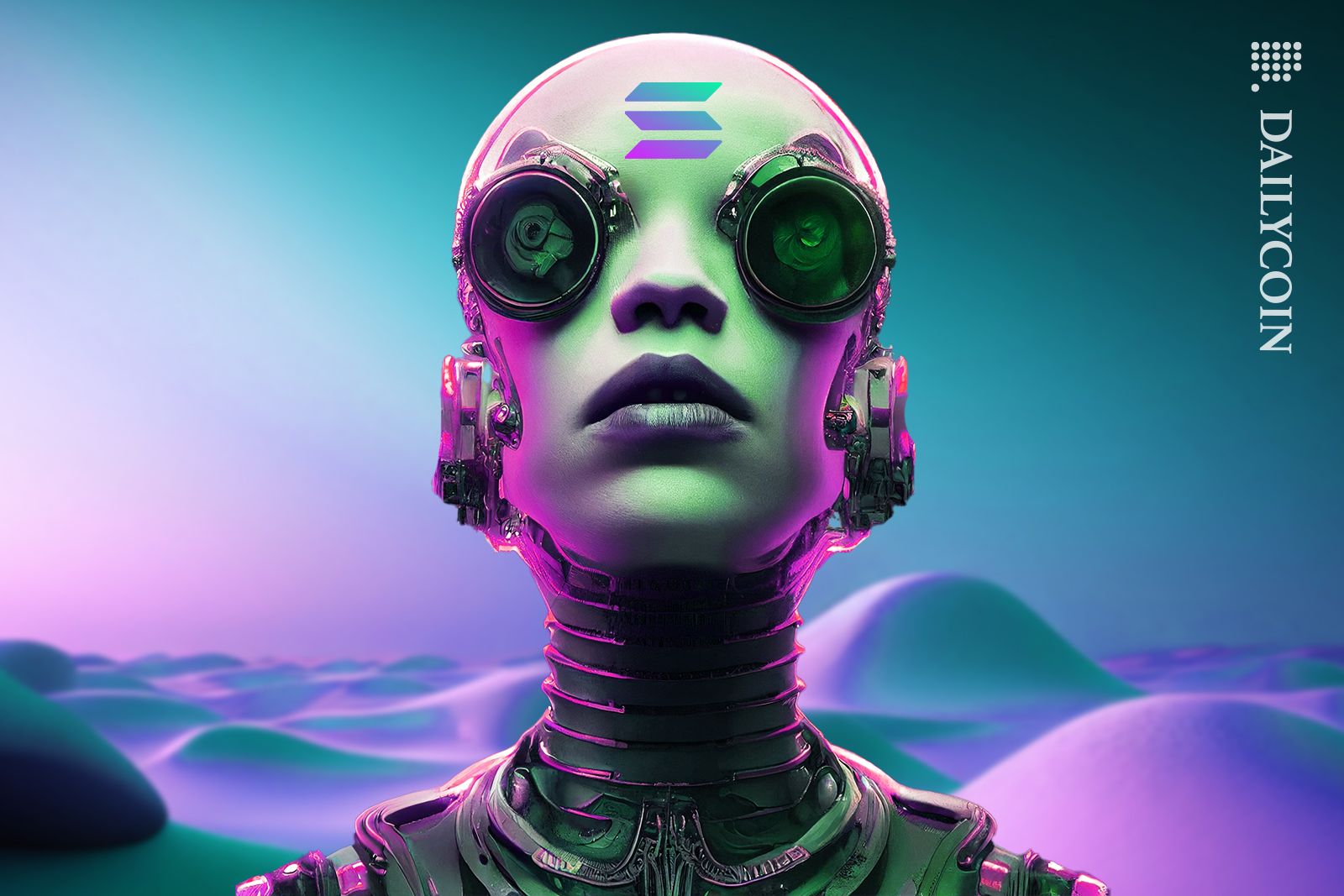 Woman with futuristic headset and Solana logo on the forehead standing in the middle of the alien planet.