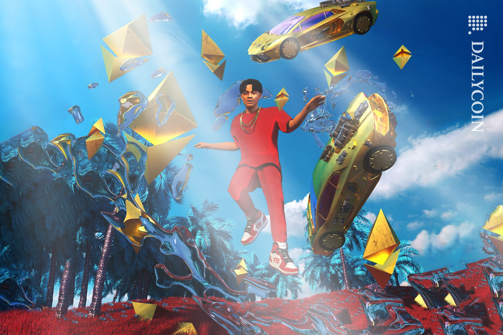 Soulja Boy surrounded by submerged golden Ethereum logo and floating sports cars 3D NFT.