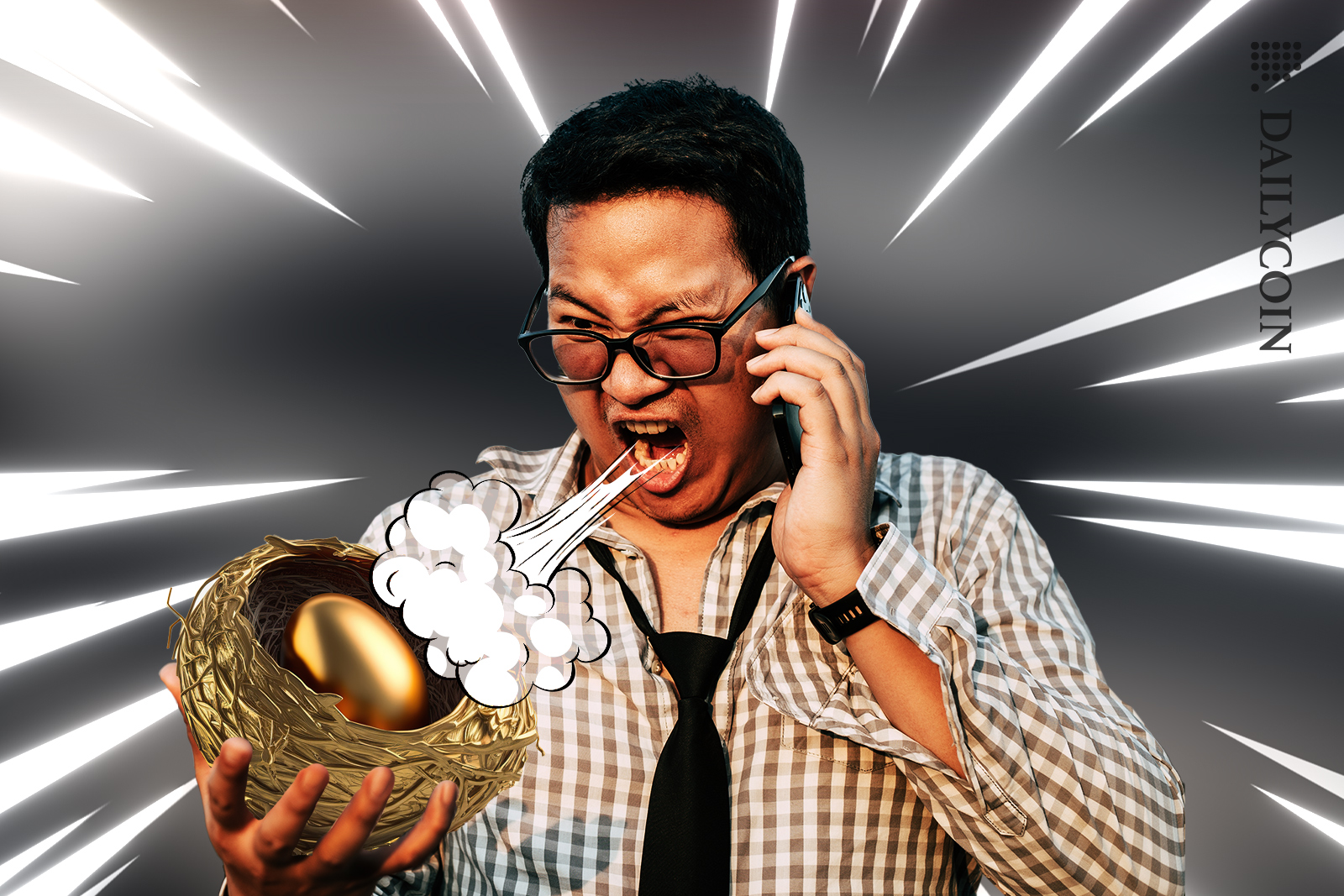 A man shouting on the phone while holding a golden egg nest surrounded by a cartoon beam with steam coming out of his mouth.