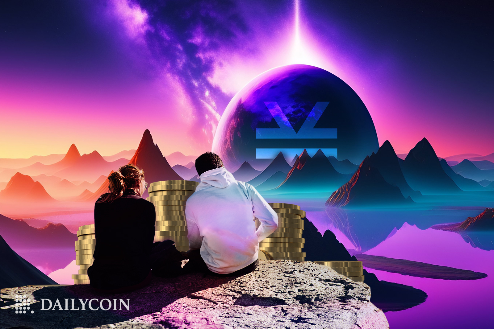 A couple sitting on a mountain with stack of crypto coins nearby looking at a rising moon with Stacks STX logo on it.