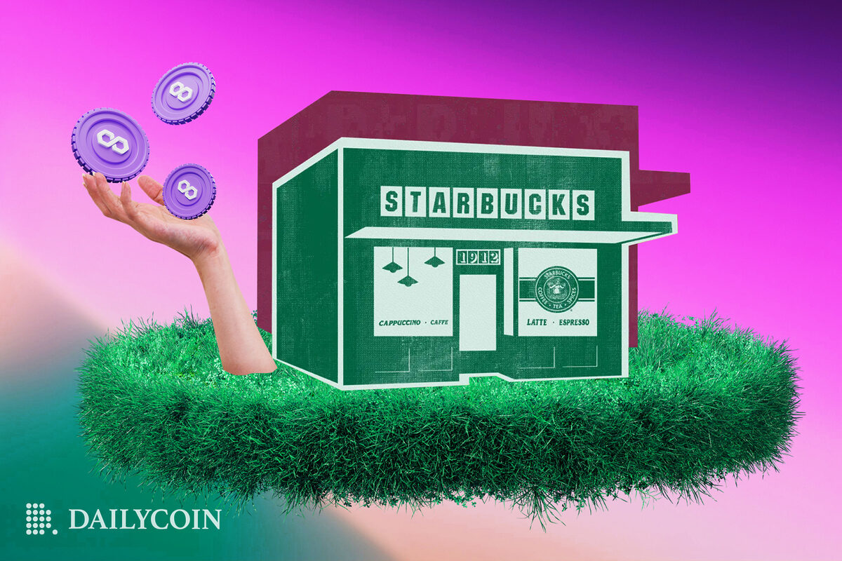 A hand belonging to Starbucks shop holding multiple Polygon MATIC tokens on a green grass floating island.