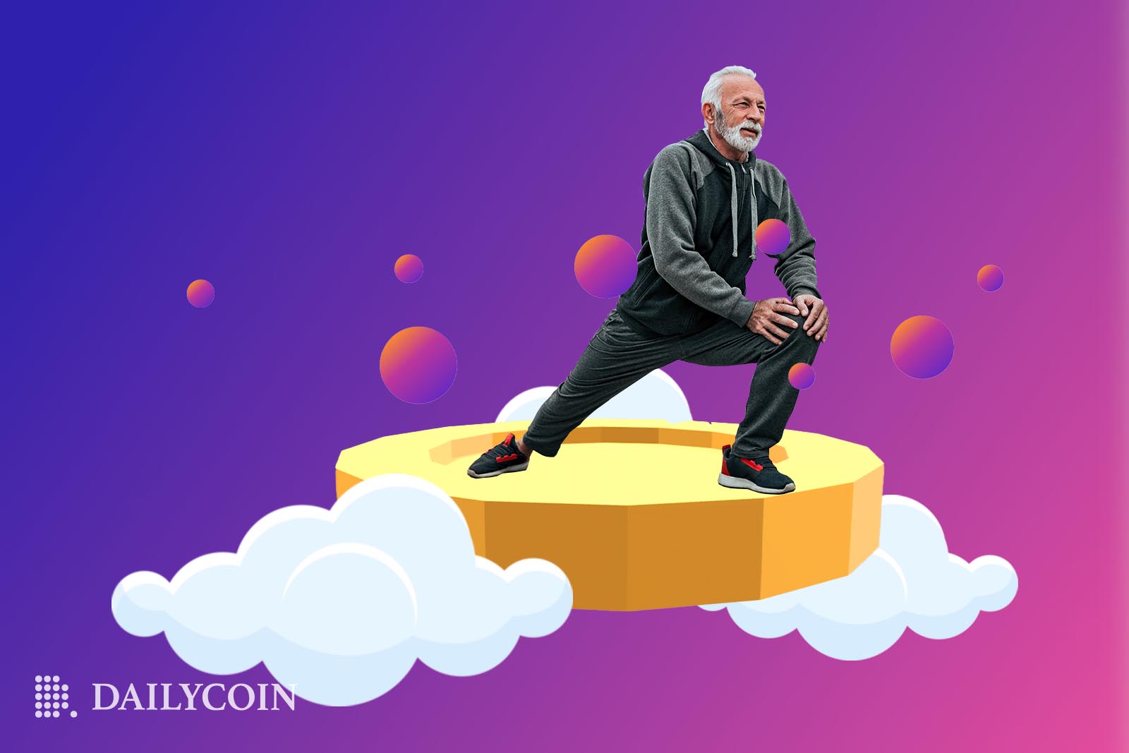 A senior man is stretching on a golden Sweatcoin in a cloud in a purple background.