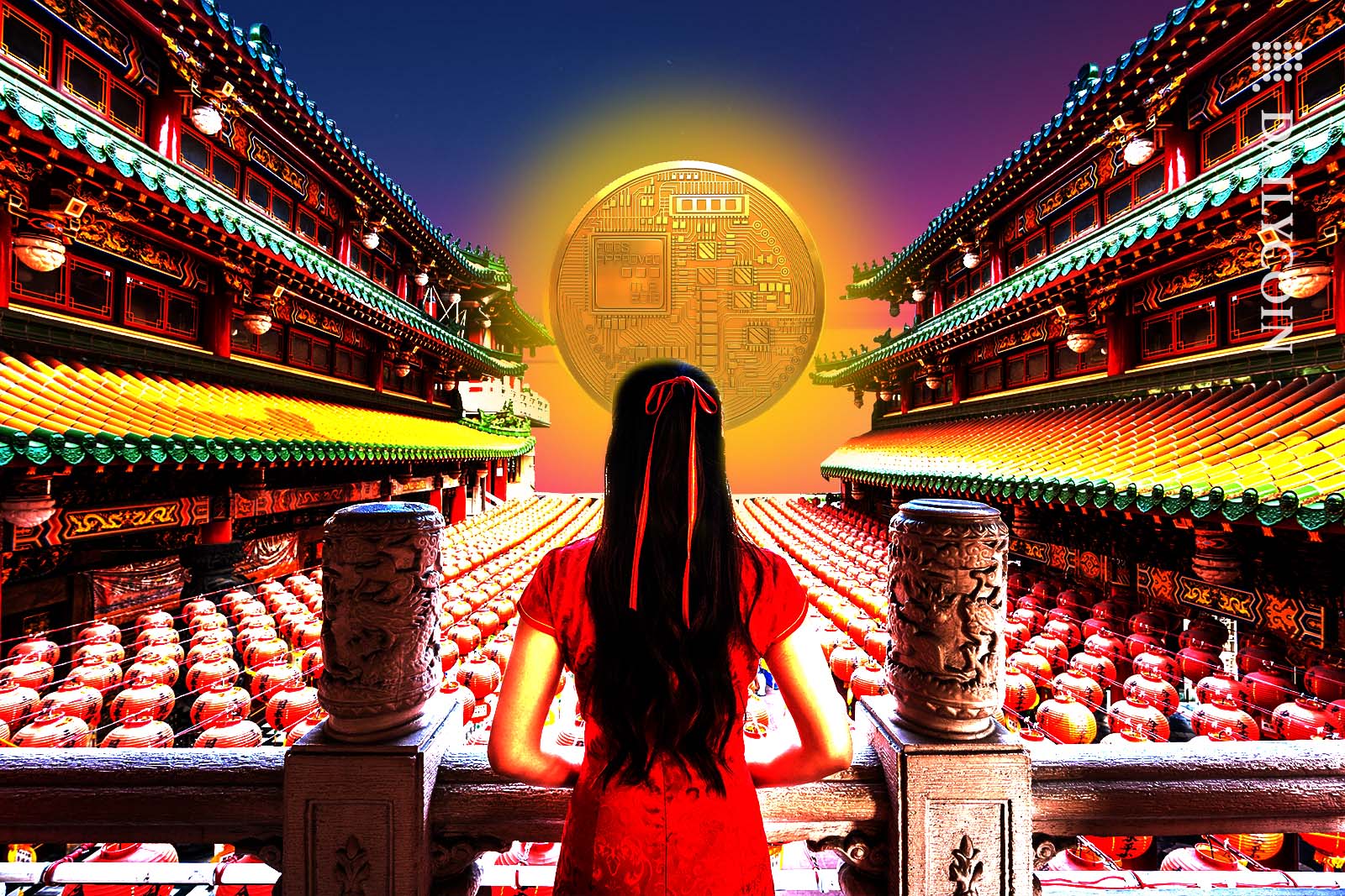 Asian woman wearing traditional chinese dress at Sanfeng temple in Kaohsiung, Taiwan, looking at a glowing crypto coin in the sky.