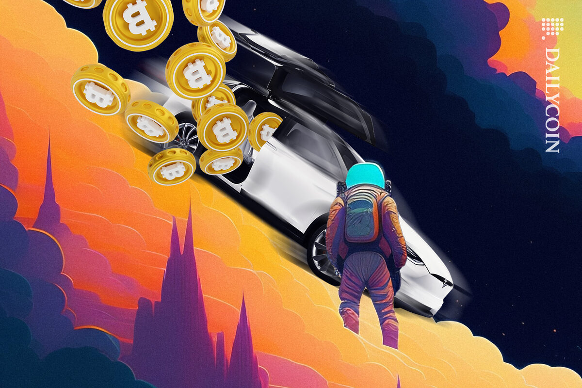 Bitcoins are falling out of a fast-going white and black Tesla car as a spaceman is witnessing the event.