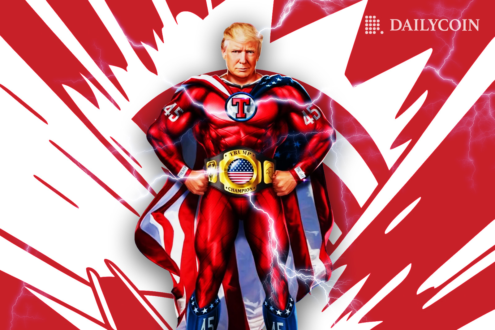 Action figure portraying a buff Donald Trump in a super hero suit in a red white background.