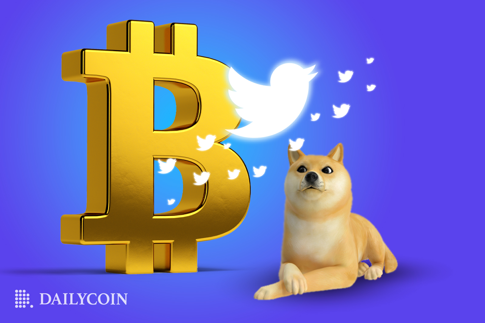 Dogecoin mascot cartoon Shiba Inu dog looking above at a white Twitter logo on a large golden Bitcoin in a sky blue background.