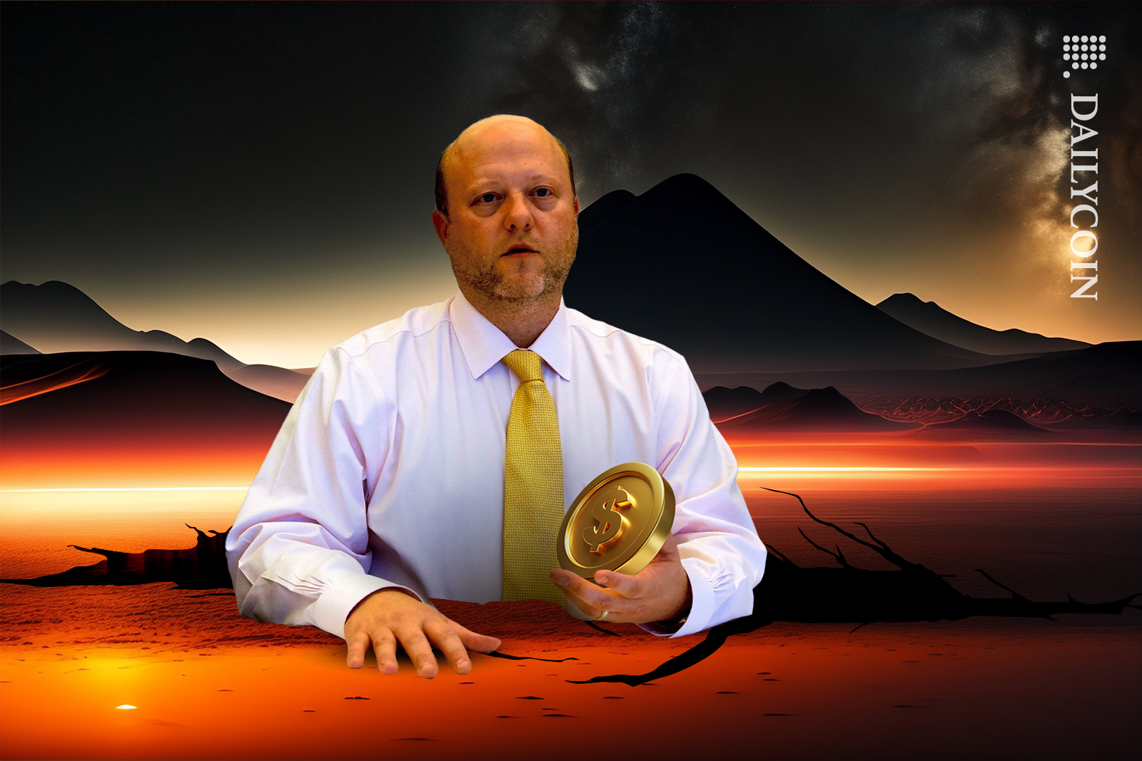 Jeremy Allaire holding a dollar coin from a crack in the ground looking upset in dark red landscape.