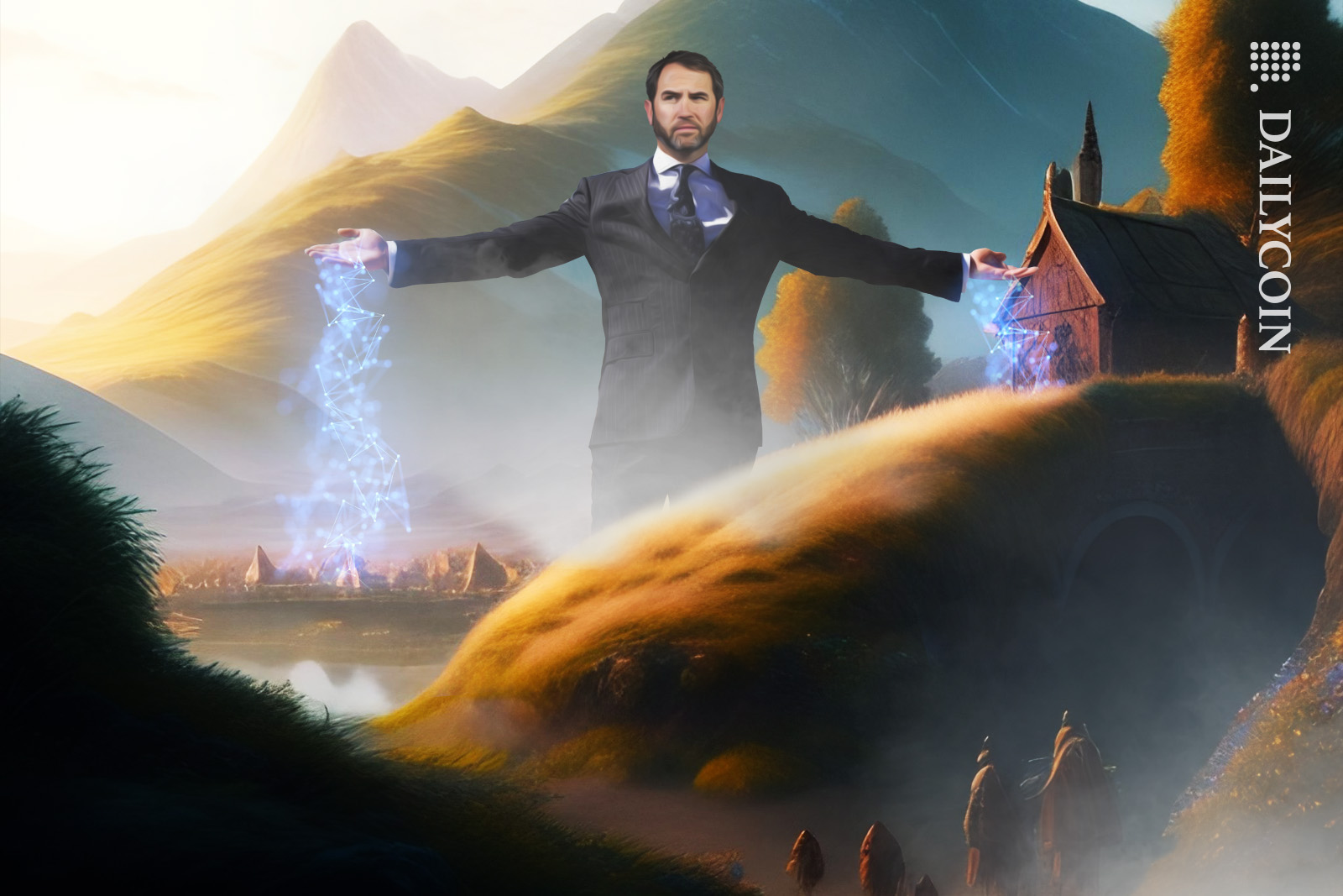 A giant Brad Garlinghouse standing in a tiny village surrounded by mountains with blockchain falling from his hands.