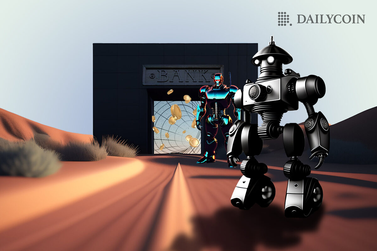 Silver square robots standing on a dusty road leading towards a bank portal.