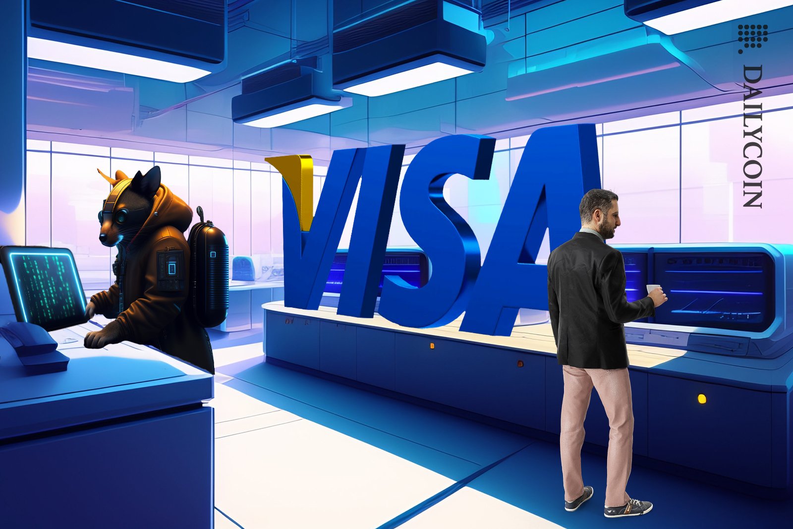 A man and a bear working at VISA shop.